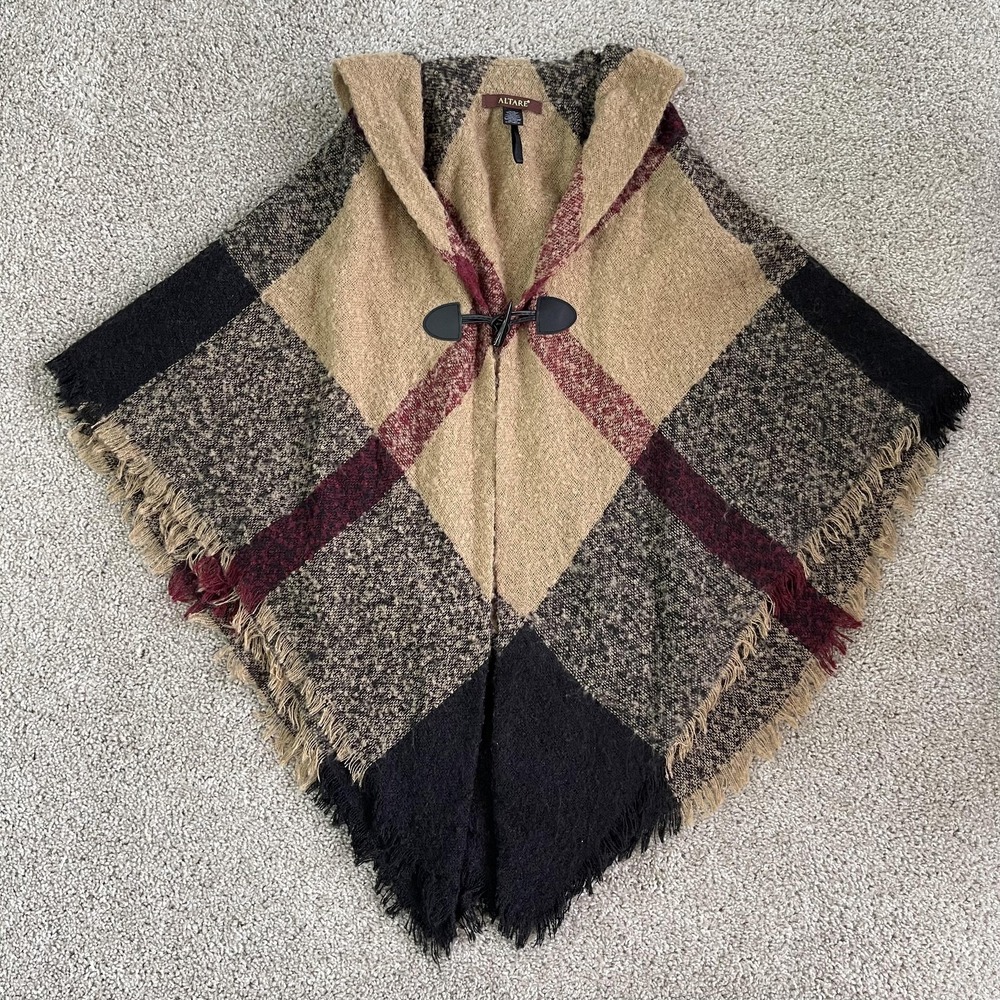 Altare Poncho Womens One Size Beige Plaid Knit Hooded Fringe Toggle Kimono Style